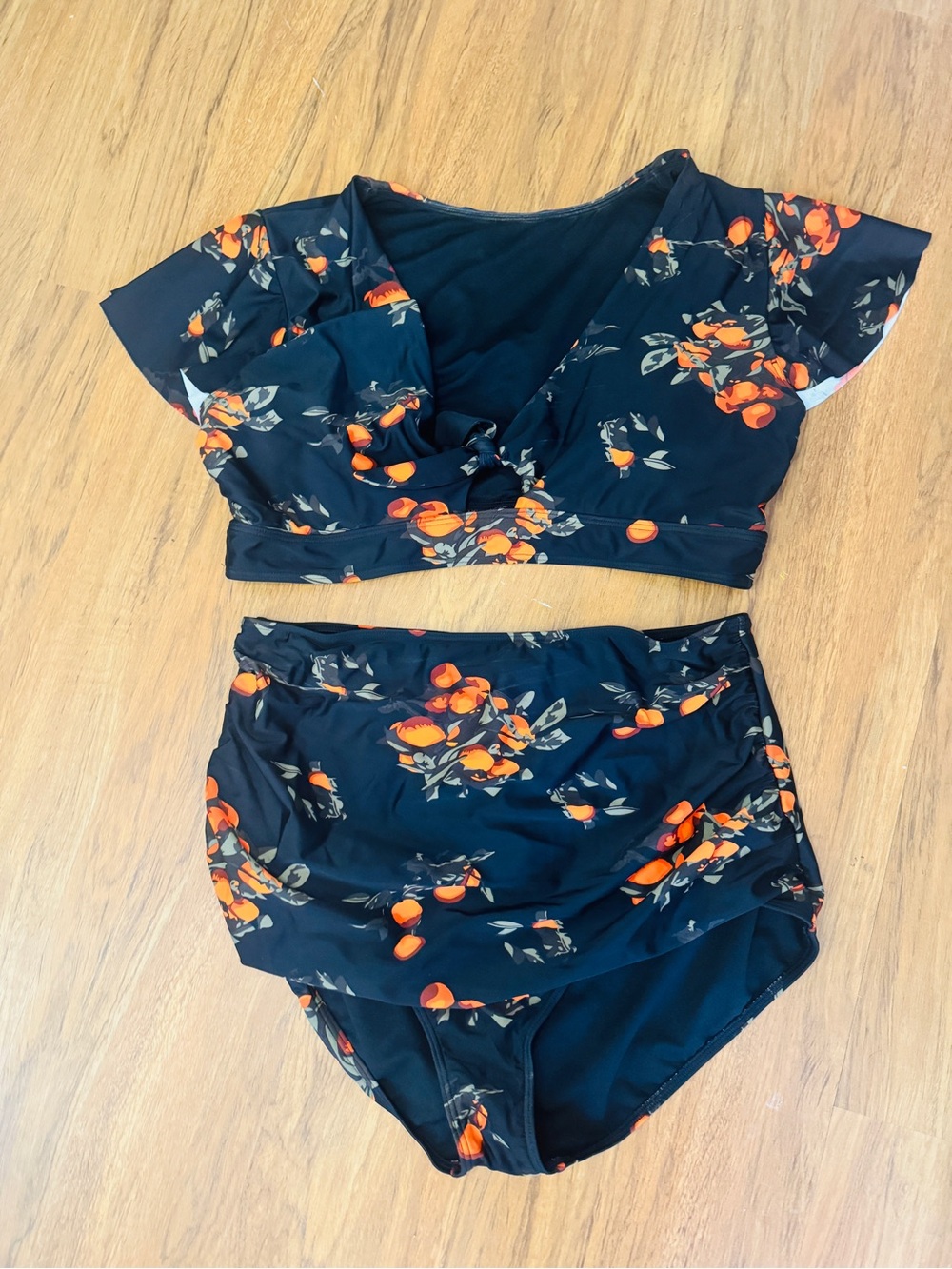COCOSHIP Black Bikini Set with Orange Fruit Print
